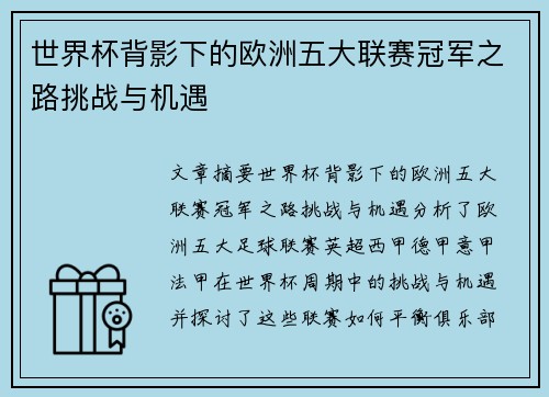 世界杯背影下的欧洲五大联赛冠军之路挑战与机遇